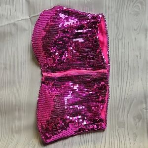 Say What? Strapless Zip Front Tube Top Crop Top - Pink Sequins